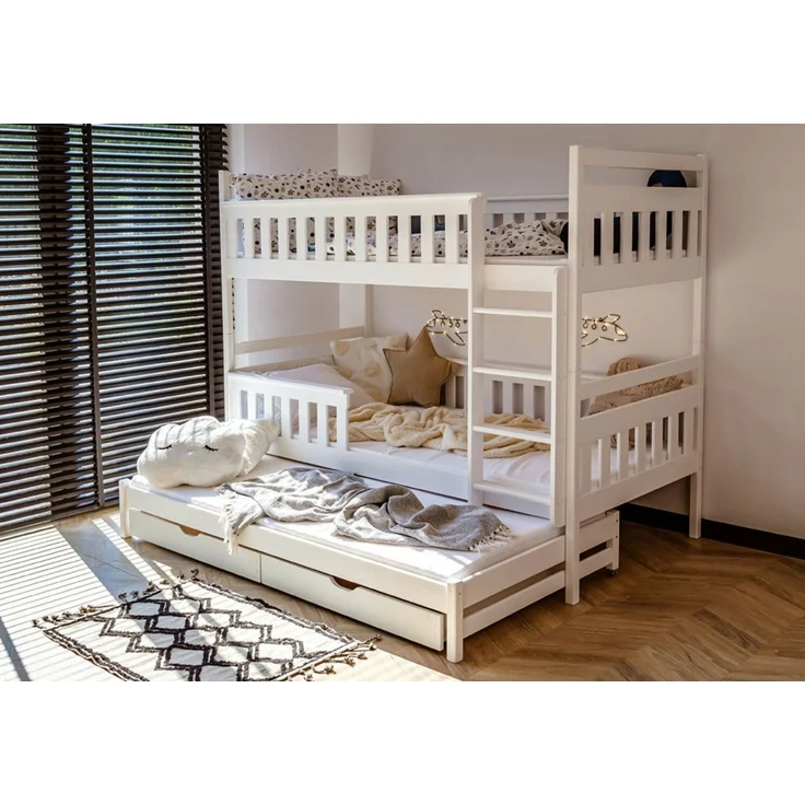 Kids Collective Hochbett 90x200 mit Ausziehbett Kinderbett mit Ausziehfunktion, zwei Schubladen Lattenrost, Rausfallschutz, umbaubar in drei Betten, Vollholz in weiss – Bild 1