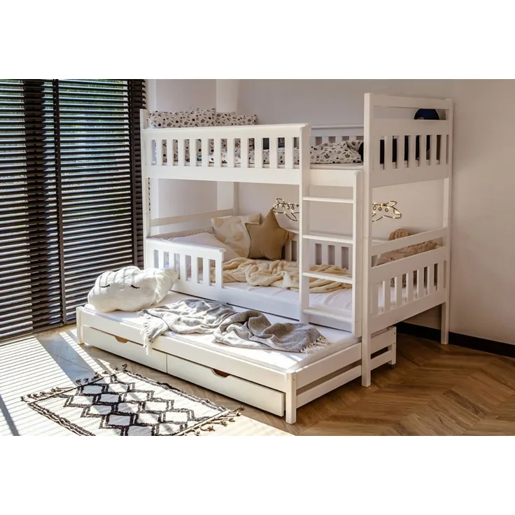 Kids Collective Hochbett 90x200 mit Ausziehbett Kinderbett mit Ausziehfunktion, zwei Schubladen Lattenrost, Rausfallschutz, umbaubar in drei Betten, Vollholz in weiss