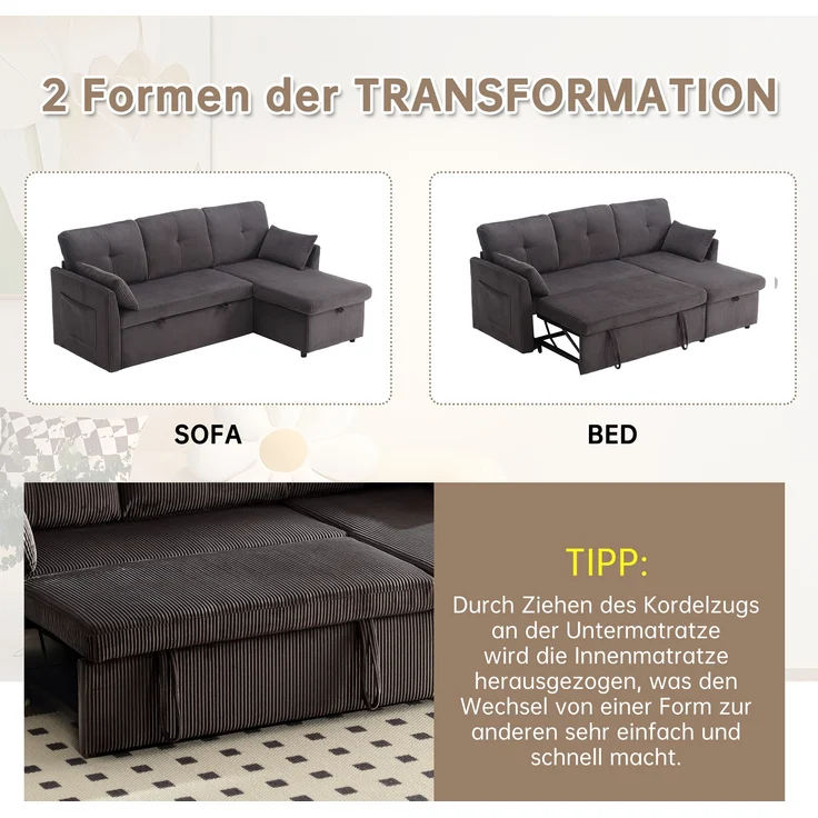LVHOM Ecksofa mit Schlaffunktion L-Form, Sofa mit Bettkasten, Wohnzimmersofa mit Seitentasche, Couch Samtstoff, Bettsofa, 3 Sitzer – Bild 6