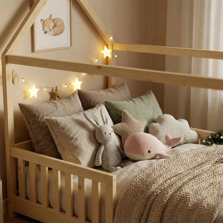 ecoMI Hausbett mit Rausfallschutz und Lattenrost, Kiefernholz natur, 90x200 cm – Bild 9