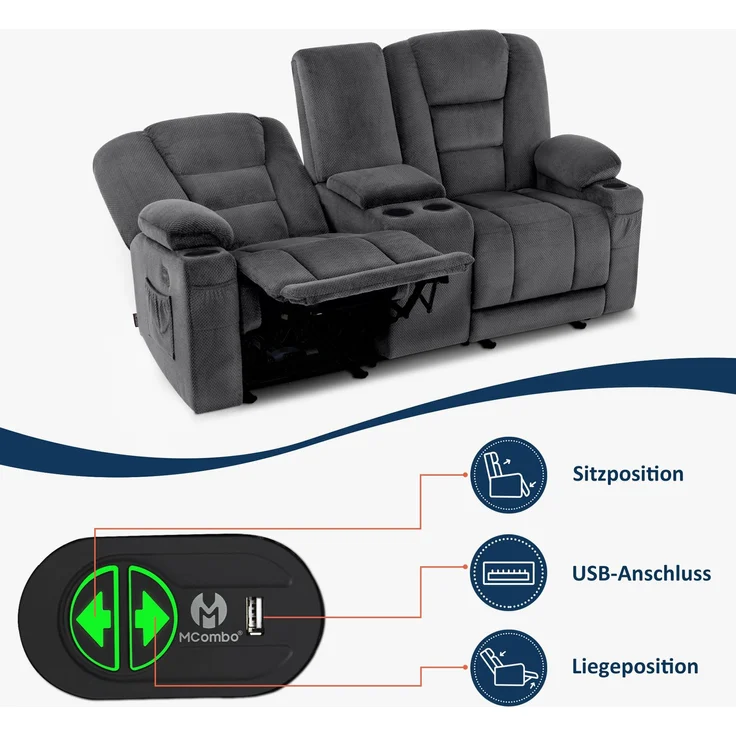 M MCombo Elektrisch 2 Sitzer Sofa mit Schlaffunktion, 2er Relaxsofa mit Taste 150° Verstellbar, Kinosessel mit Liegefunktion, Konsole & USB & Getränkehalter, 7009 (Grau) – Bild 4