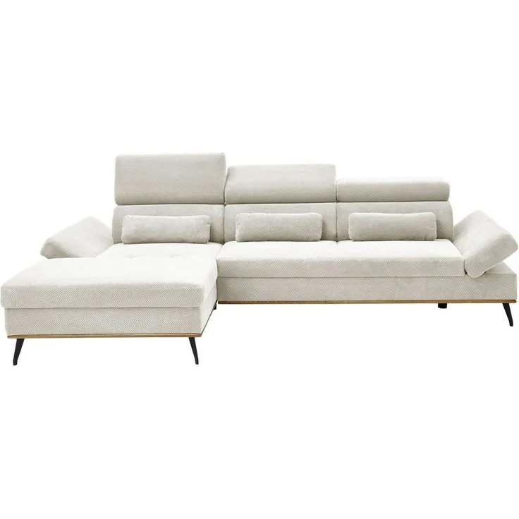Iwaniccy Ecksofa MESA, B 299 x T 188 cm, Creme, Mikrofaser, Holzblende in eichefarben, Kopfteilverstellung, Armlehnen verstellbar