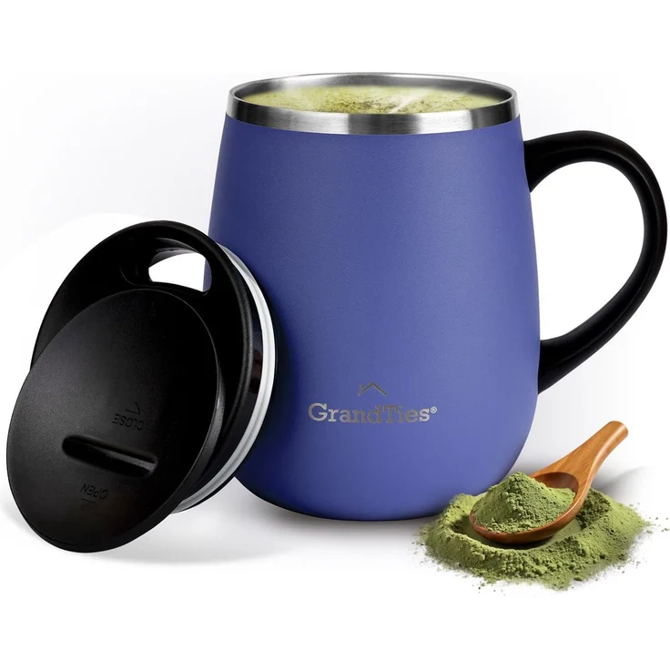 Grandties Insulated Coffee Mug with Handle- Sliding Lid for Splash-Proof 16 oz Wine-Glass Shape Thermal Tumbler with Double Walled Vacuum Stainless Steel to Keeps Beverages Hot or Cold-Periwinkle