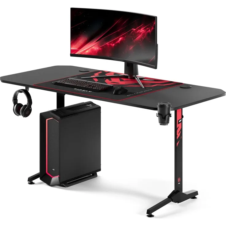 Diablo X-Mate Gaming Tisch Schreibtisch PC Computertisch Ergonomisch Carbon Tischplatte Kopfhörerhaken Getränkehalter Rutschfester Fußschutz (160 x 75 x 75 cm)