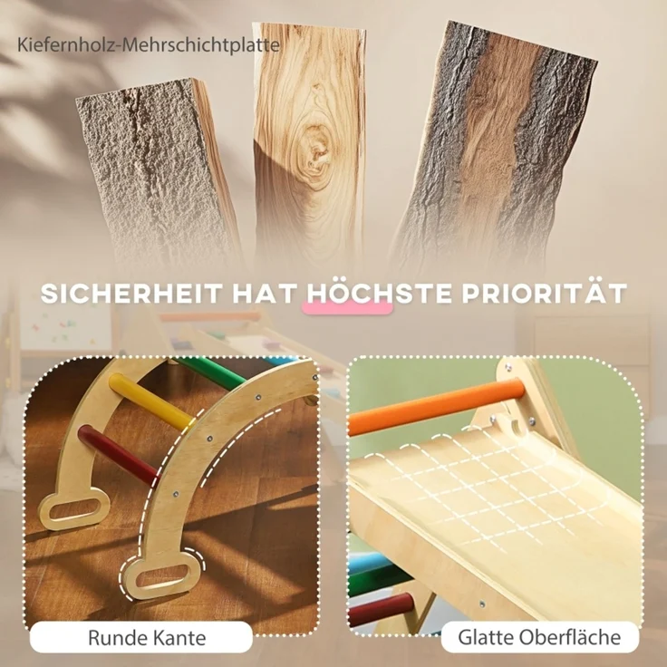 LVHOM 5-in-1 Klettergerüst aus Holz, Pikler Dreieck mit Rutsche & Bogenbrücke, faltbares Kletterdreieck für Kleinkinder, Motorikspielzeug bis 50 kg – Bild 5
