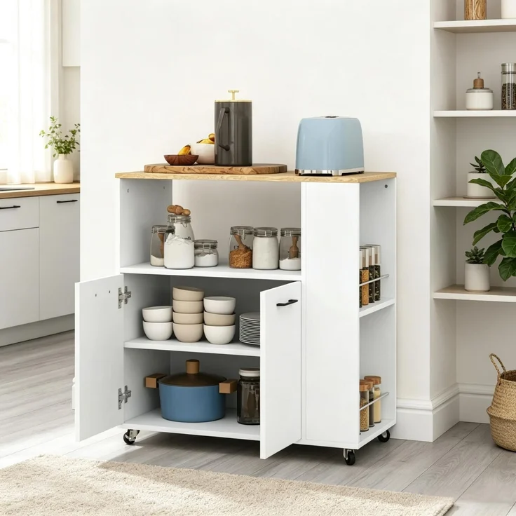 Küchenwagen mit Rollen, Kücheninsel mit Arbeitsplatte und verstellbarem Regal, Maße 75 x 40 x 80,5 cm(nur mit Küchenwagen)--Weiß--75x40x80.5cm--YOUDENOVA – Bild 2