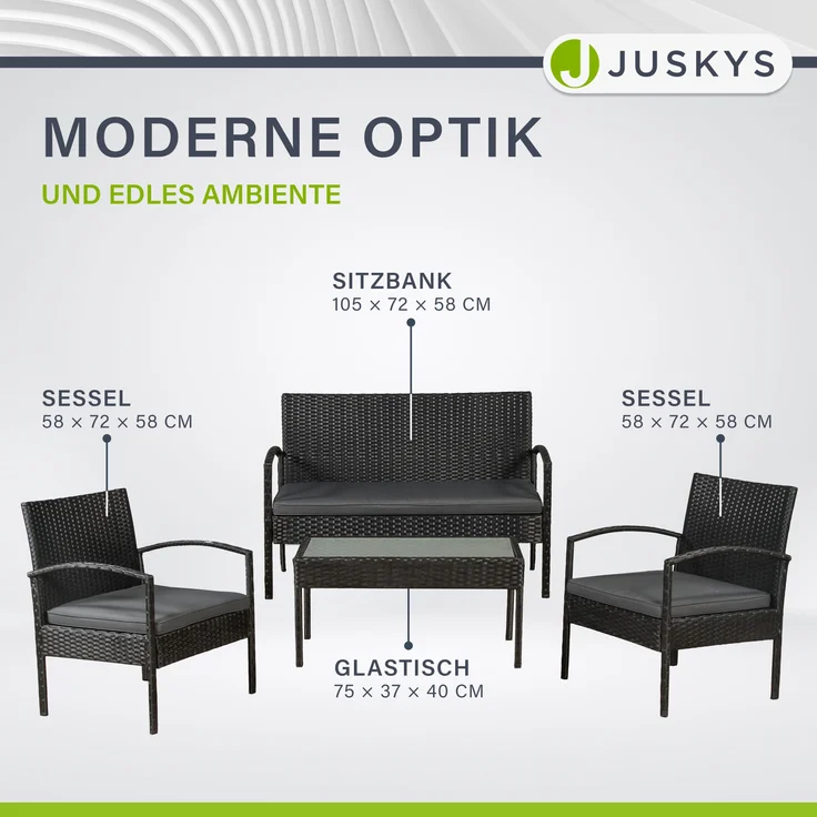 Juskys Polyrattan Gartenmöbel-Set Trinidad – Balkonmöbel-Set mit Tisch, Sofa & 2 Stühlen – Sitzgruppe für 4 Personen Schwarz mit Auflagen Dunkelgrau – Bild 7