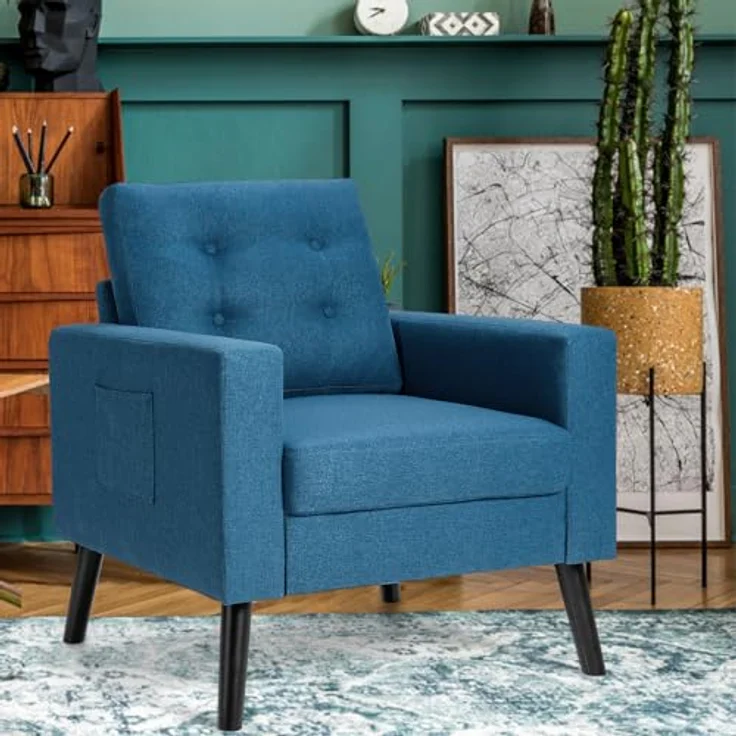 COSTWAY Sessel mit 2 Seitentaschen, Ohrensessel mit Armlehnen und Rückenkissen, Einzelsofa gepolstert, Fernsehsessel Relaxsessel Clubsessel, für Wohnzimmer, Schlafzimmer & Büro, modern (Blau) – Bild 9