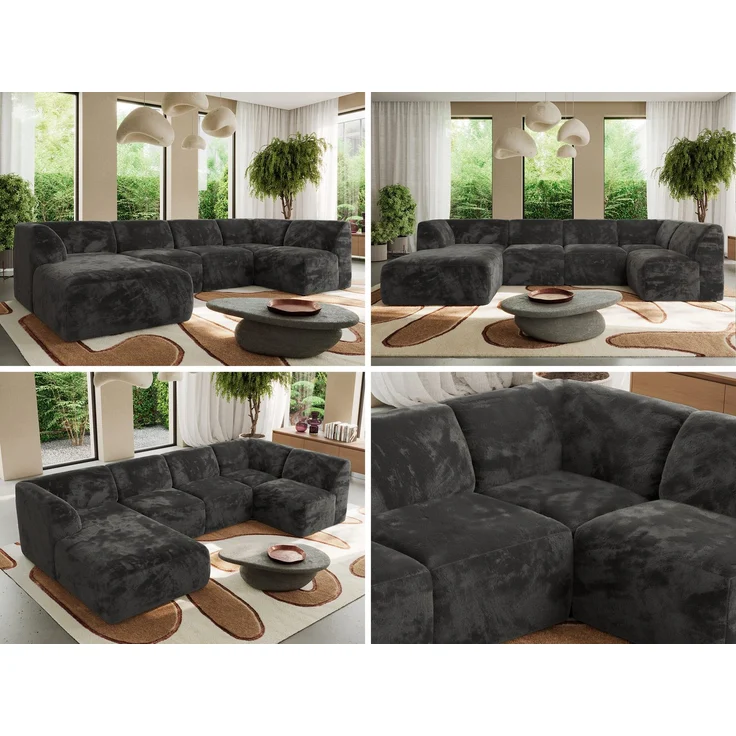 Modulares XXL-Ecksofa MODARO 5M, U-Form, Wohnlandschaft, 5-teilig, freistehend, Wohnzimmer Couch, HR-Schaumstoff - Dunkelgrau Plüsch - Links – Bild 2