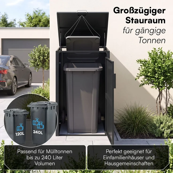 STEELSØN 'Thoria' Mülltonnenbox 1er je 240 Liter, graphitschwarz, Mülltonnenverkleidung aus Stahl, wetterfest, 116x80x69 cm, Müllbox für 1 Tonne – Bild 2