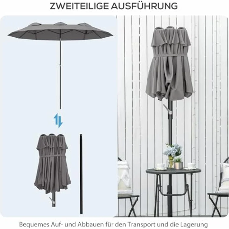 Outsunny Doppelsonnenschirm, grau, 147x285 cm, mit Handkurbel und neigbarem Schirmdach – Bild 8