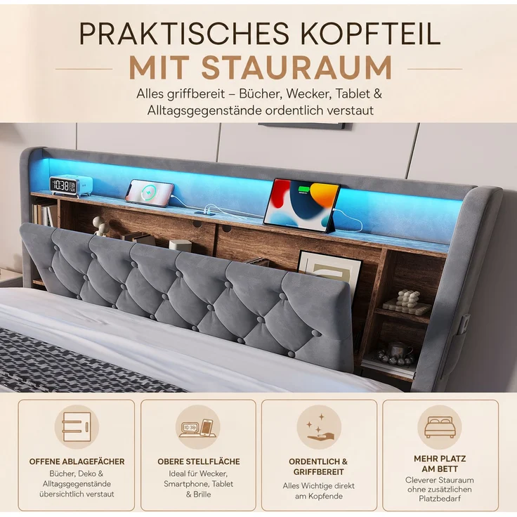TavilaEcon Boxspringbett Samtbett, Polsterbett mit LED-Beleuchtung & USB-Ladefunktion grau Liegefläche 180 × 200 cm – Bild 6