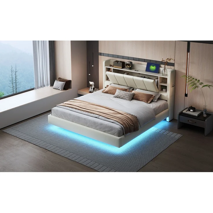 EINHOM Polsterbett 160 x 200 cm, mit USB-Steckdose und Lichtleiste, Wendbares Kopfteil mit Ablagefächern und Einlegeböden mit Kleinen Ablagefächern, Stabiler Metallrahmen, Leinenstoff, Doppelbett Beige, (Ohne Matratze) – Bild 5