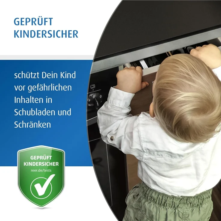 reer Schrank- und Schubladensicherung mit Montagehilfe | Einfache Einhand-Bedienung | Schraubmontage | integrierter Klemmschutz | 3 Stück | Farbe: weiß – Bild 2