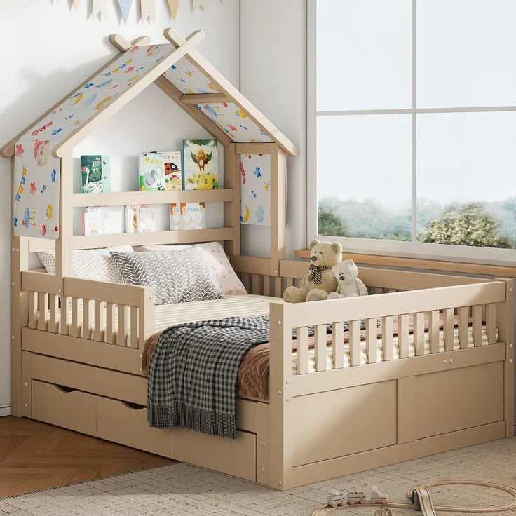 Hausbett mit Ausziehbett, Schubladen, Lattenrost, Zaun und Dach, 140x200 cm, Kinderbett mit Rausfallschutz, Kiefer – Bild 3
