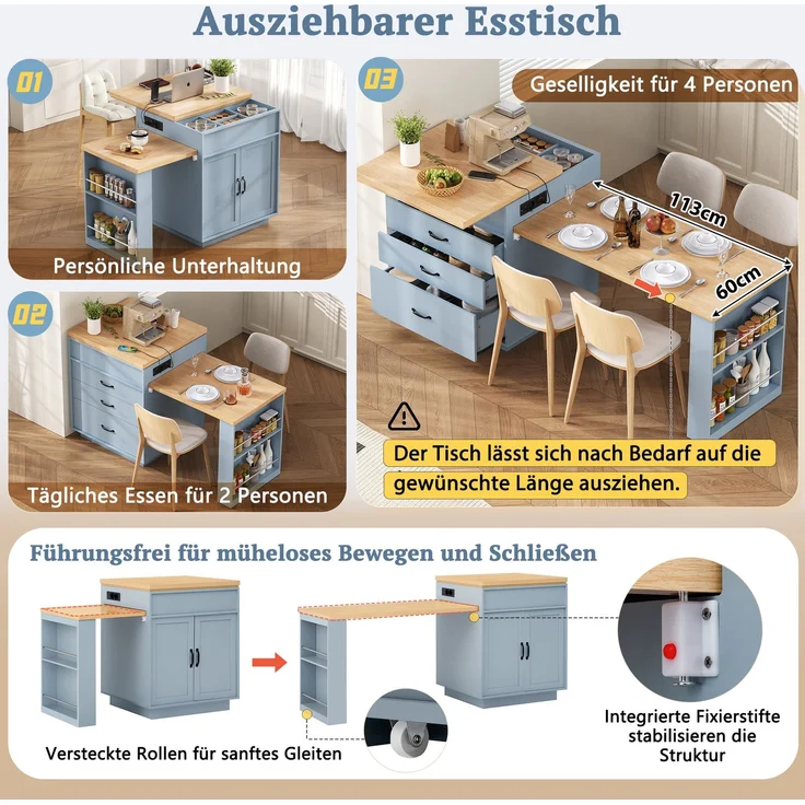 Kücheninsel 125,5-187,5x71x93 cm mit LED-Beleuchtung, USB-Anschluss und ausziehbarer Tischplatte – Bild 5
