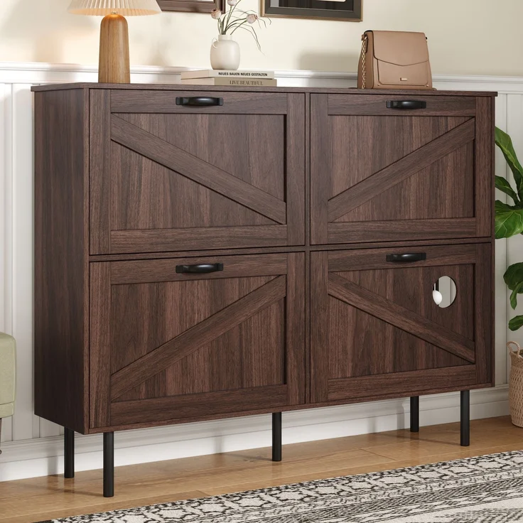 Merax Schmaler Schuhschrank mit 3 Klappen, mit Ablage für Tierspielzeug, Schuhregal, Schuhablage, Natural walnut – Bild 8