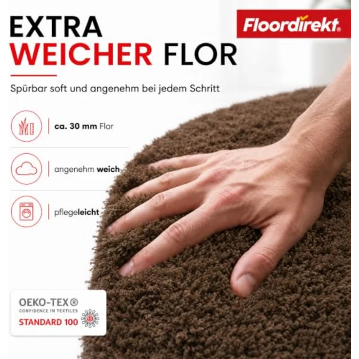 Floordirekt Badematte Sky, Rund - Ø 95 cm, weicher Hochflor, rutschhemmend, schnell trocknend, geeignet für Fußbodenheizung, braun – Bild 3