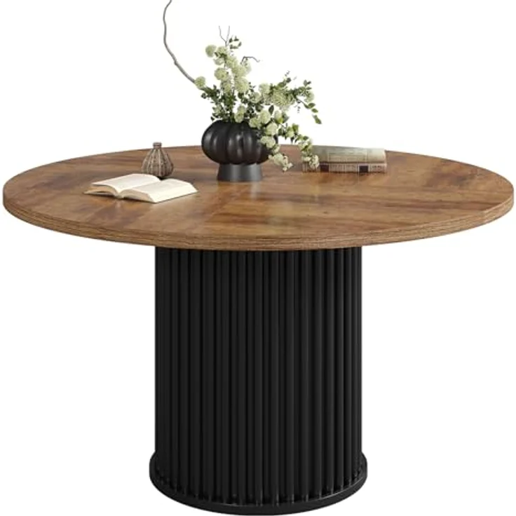 LITTLE TREE 120 cm runder Esstisch für 4–6 Personen, großer braun-schwarzer Esstisch, industrieller Gartentisch mit hochbelastbarem gerilltem Säulenfuß, runder Holzküchentisch für Wohnzimmer – Bild 8