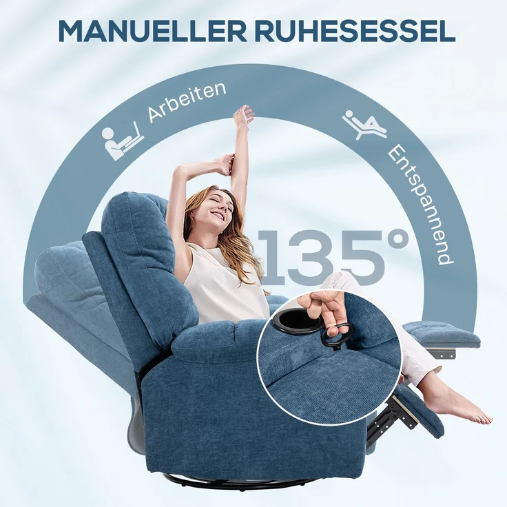 Wohnora-Relaxsessel mit Fußstütze, Liegesessel, drehbar, bis 150 kg, Stahlrahmen, 88x96x108cm, Dunkelblau,H 1080cm x T 880cm x B 960cm,Blau – Bild 5