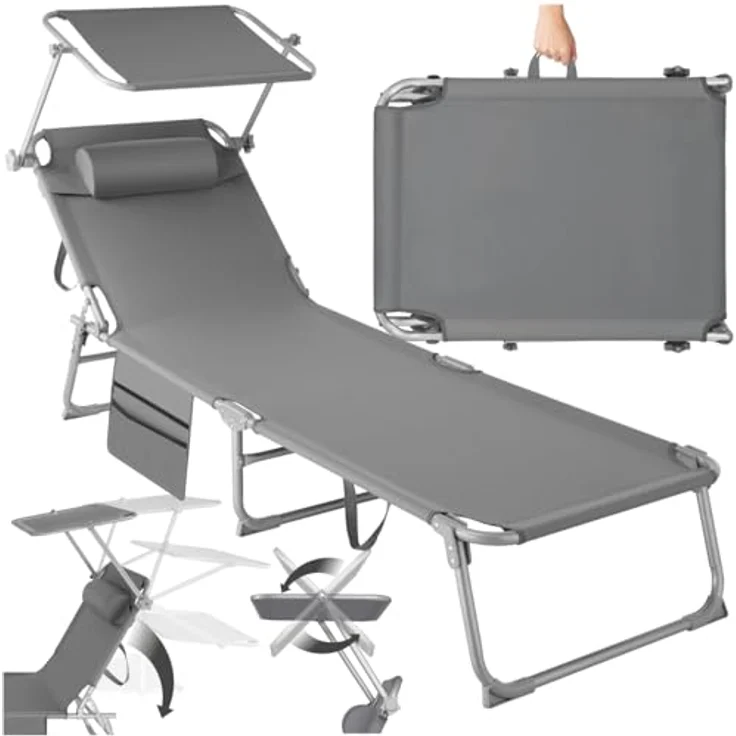 tectake® Sonnenliege klappbar, tragbar, Liege mit Seitentasche, Strandliege, Gartenliege mit Dach, Liegestuhl mit Verstellbarer Rückenlehne, inkl. Kopfkissen - für Balkon, Terrasse, Camping - grau – Bild 2