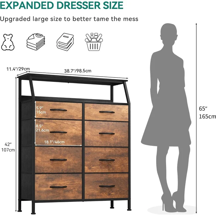 YITAHOME Kommode, Schrank, Aufbewahrungsschrank, 8 Schubladen aus Stoff mit Griffen, Aufbewahrungskommode, Gabardin aus verrottetem Holz – Bild 3