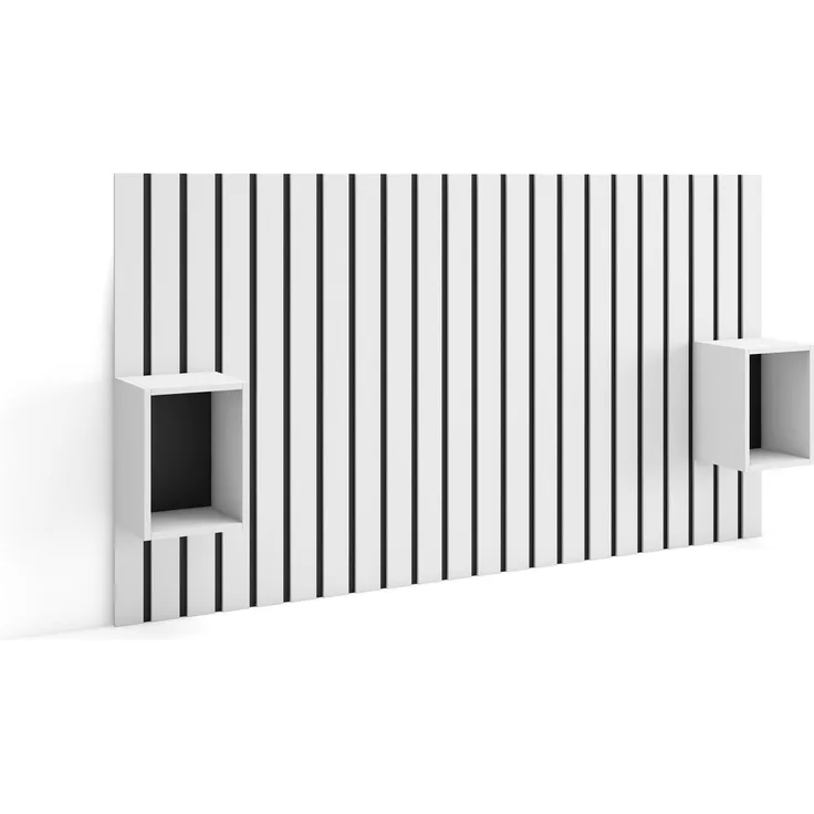 Skraut Home | Kopfteil, Nachttischen | Lamellenwand Holz | 196x107x3 cm | 120,135,140 cm Bett | Stauraum | Moderner Stil | Weiß
