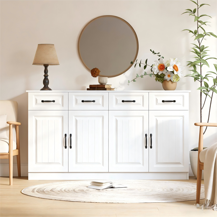 Merax 160cm Weißes Sideboard, Kommode aus MDF mit 4 Schubladen und 4 Türen, 2 Ablageflächen, geriffeltem Design und 8 Metallgriffen – Bild 2