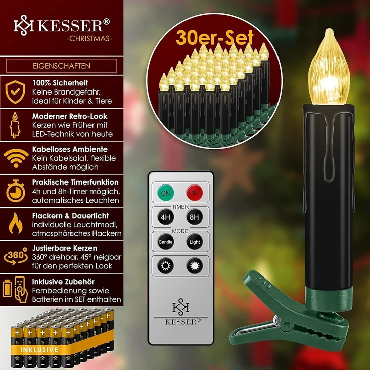 KESSER® Weihnachtsbaumkerzen 20 LED Inkl. Batterien Kabellos - Warmweiß - mit Fernbedienung Funk - Timerfunktion - Flackern - Dimmbar Weihnachtskerzen Christbaumkerzen Befestigungsklammern Kerzen Schwarz, 30 LED's – Bild 2