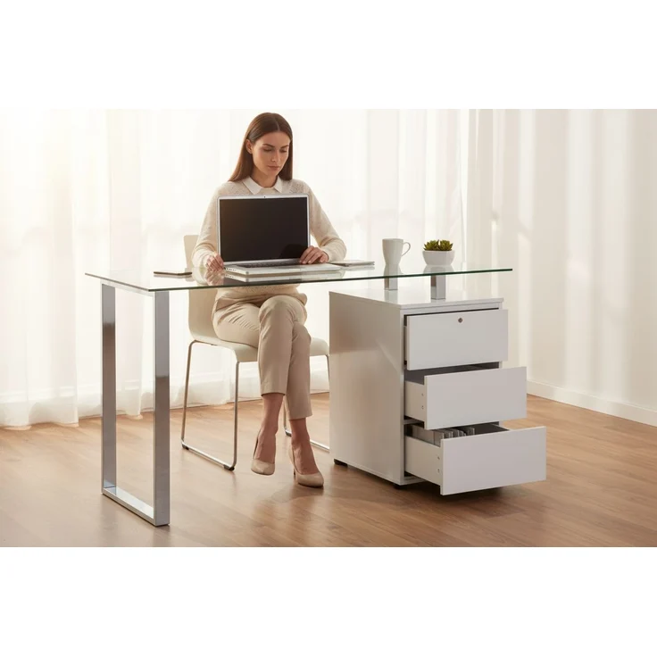 Schreibtisch >Cinty< in Weiß/Hochglanz aus Metall - 130x75x60cm (BxHxT) – Bild 4