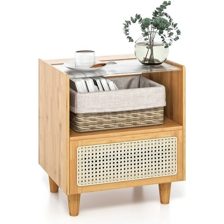 COSTWAY Nachttisch (1-St), Rattan Beistelltisch, mit Glastischplatte, aus Bambus – Bild 4