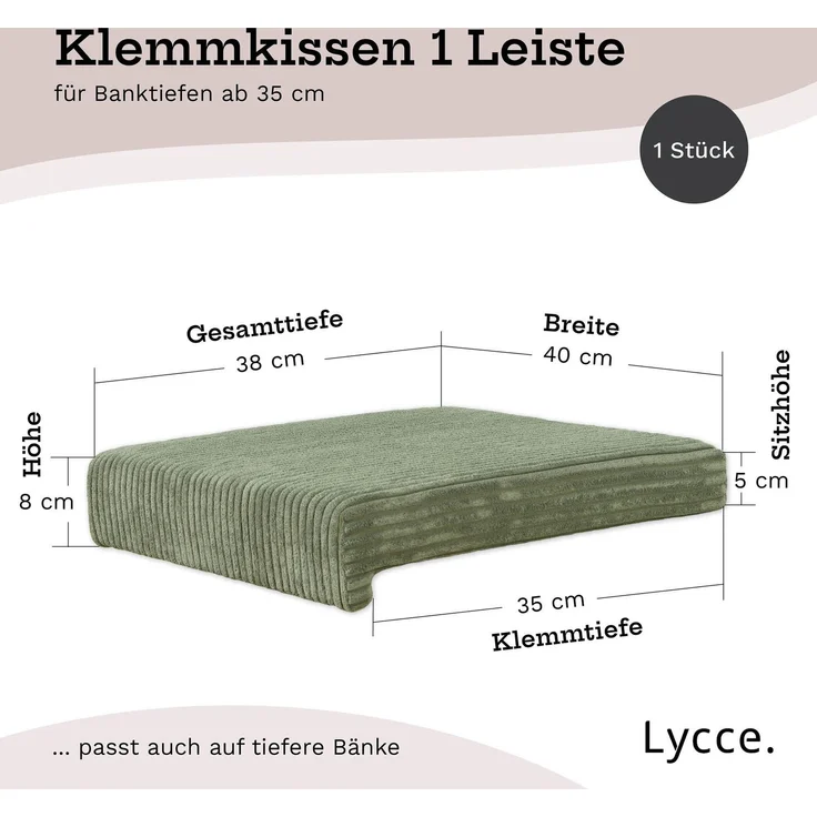 Lycce Bankauflage Klemmkissen mit Leiste - Cord, Polsterung, rutschfest Salbeigrün 8x40x38cm – Bild 4
