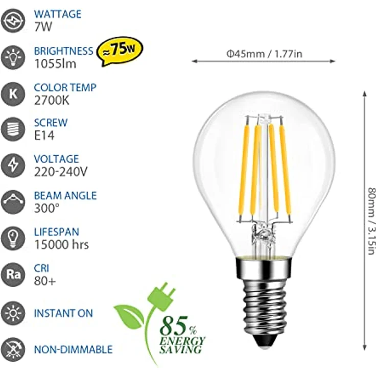 LVWIT E14 Filament LED Lampen Tropfenform, 7W LED Birne 1055LM, Ersetzt 75W Glühbirnen, Warmweiß 2700K Energiesparlampe, Glas Fadenlampe, Nicht Dimmbar, 6er Pack – Bild 3