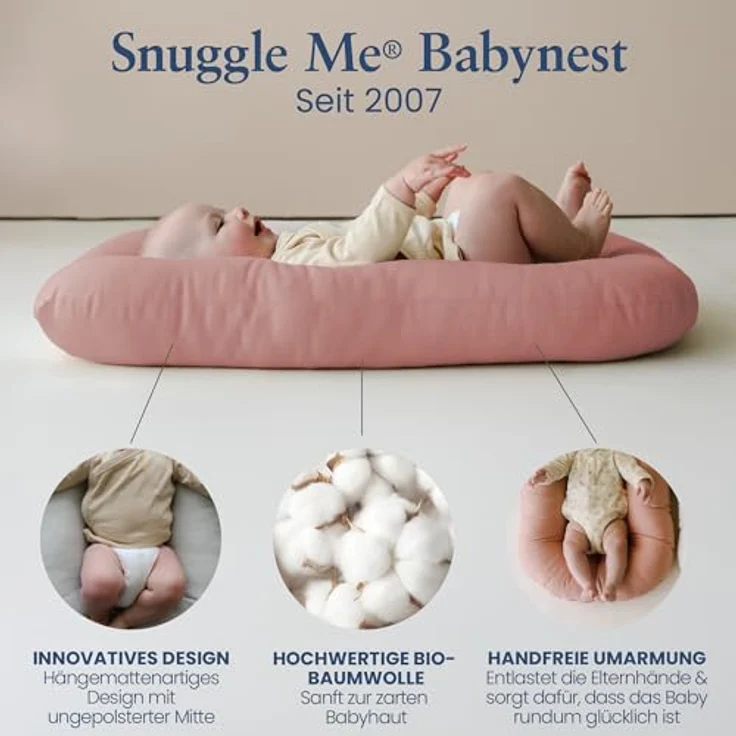 Snuggle Me® Babynest (0-9 Monate) - Premium Babynestchen Neugeborene, Bio-Baumwolle mit Fiberfill, Ungepolsterte Mitte, die Umarmungen imitiert, 100% Maschinenwaschbar, Inkl. Reisetasche (Gumdrop) – Bild 3