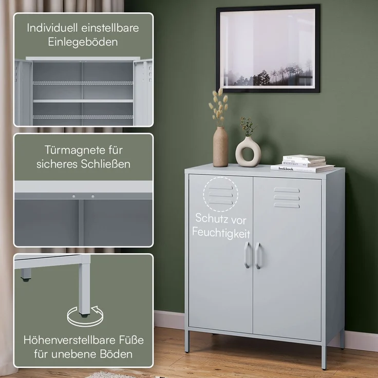 skølm 'Atria' Metallkommode, grau, 100x38x80 cm, Metallschrank mit 3 Fächern – Bild 3