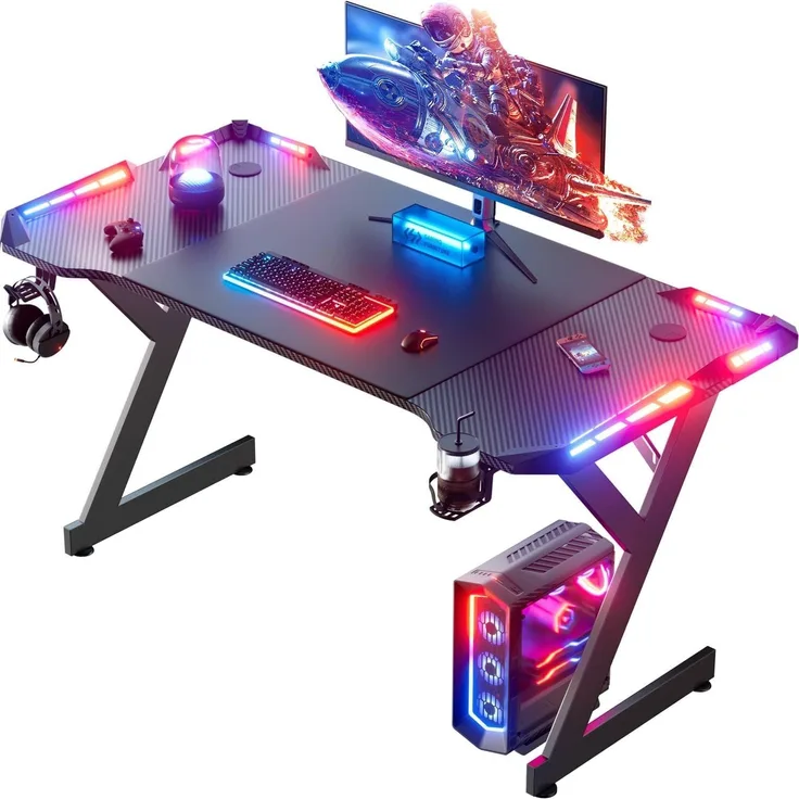 HLONONE Gaming Schreibtisch 140x60 cm, Gaming Tisch mit LED, Stabiler PC Tisch mit Kohlefaserbeschichtung, Gamer Tisch mit Getränkehalter und Kopfhörerhaken, Schwarz