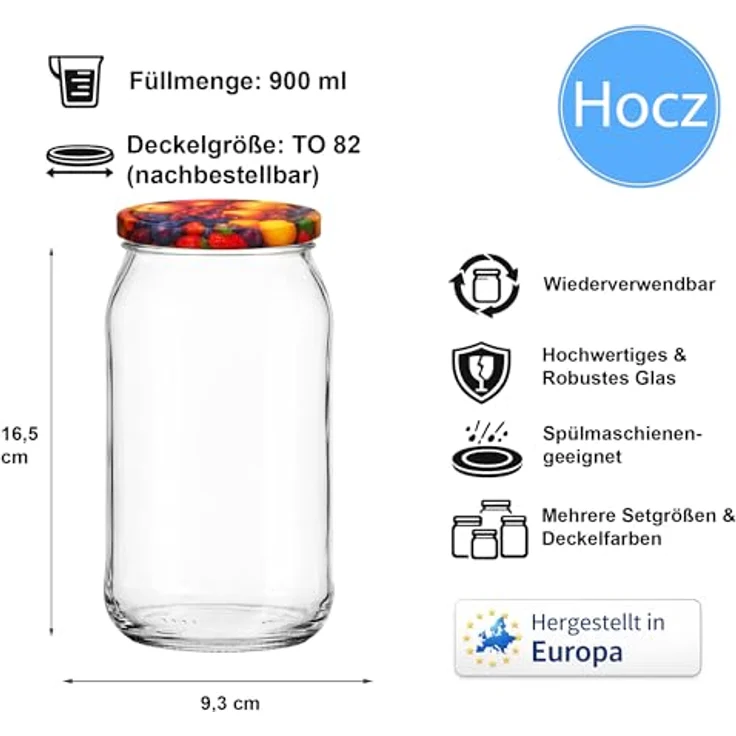hocz 25x Einmachgläser 900 ml | mit Deckel Obst TO 82 | leere Gläser mit Schraubdeckel zum befüllen | Sturzgläser, Schraubgläser, Marmeladengläser Set | 25 Stück – Bild 2
