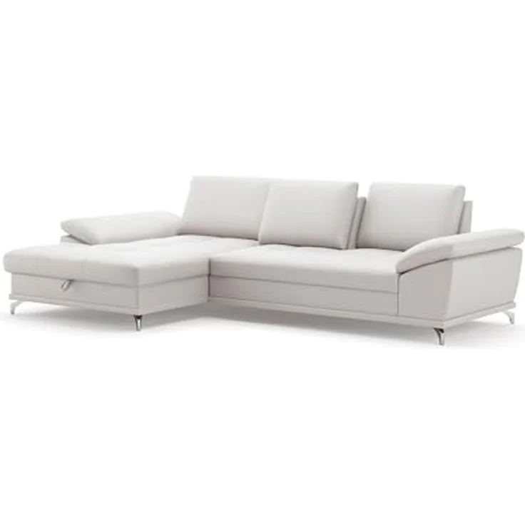 Cavadore Eckcouch Castiel mit Federkern / Ecksofa mit großem Longchair, Sitztiefenverstellung und mattschwarzen Metallfüßen / 301 x 89 x 176 / Echtleder, Weiß – Bild 4