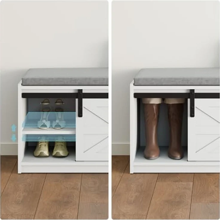 Mondeer Schuhbank mit Sitzfläche, Sitzbank mit Stauraum und Schiebetüren Abnehmbarem Sitzkissen, für Flur Eingang Schlafzimmer, 90 x 45 x 35 cm, Weiß – Bild 6