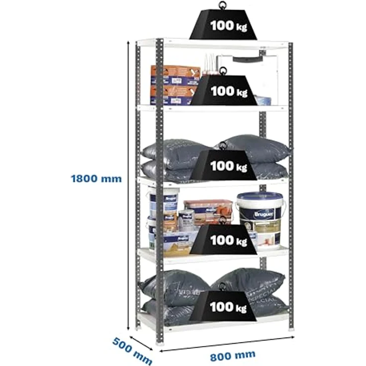 Simon Rack Metallregal, 5 verstellbare Regalböden, 100 kg Biegepunkt, 1800 x 800 x 500 mm, mit Schrauben, Lagerregal, Anthrazit/Weiß - Comfort – Bild 4