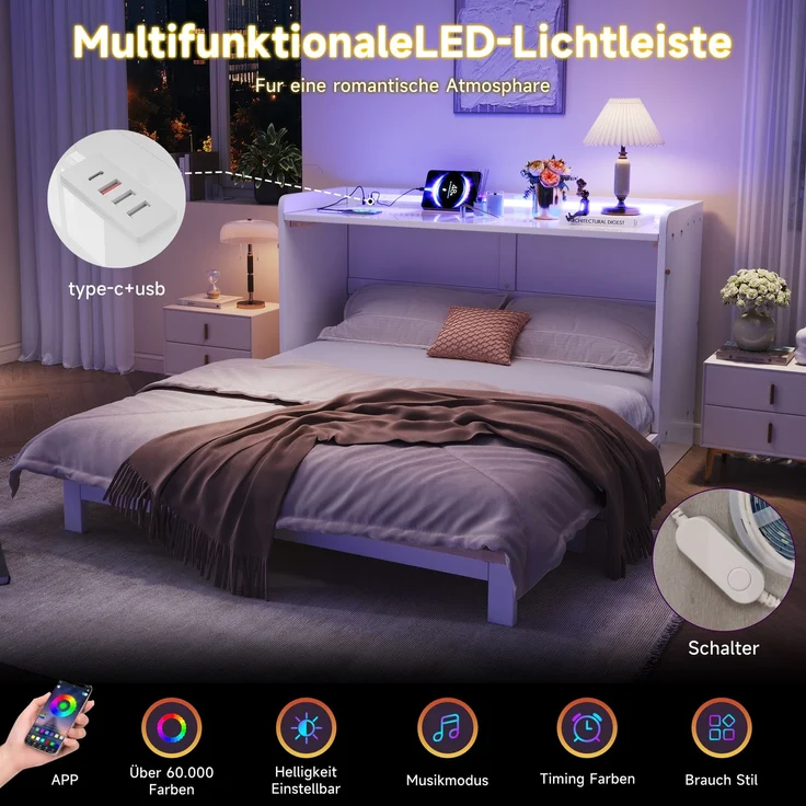 Kinderbett 140x200 cm in Weiß mit Hochglanz-Oberfläche, LED-Lichtleiste, USB-Anschluss und Schubladen – Bild 8