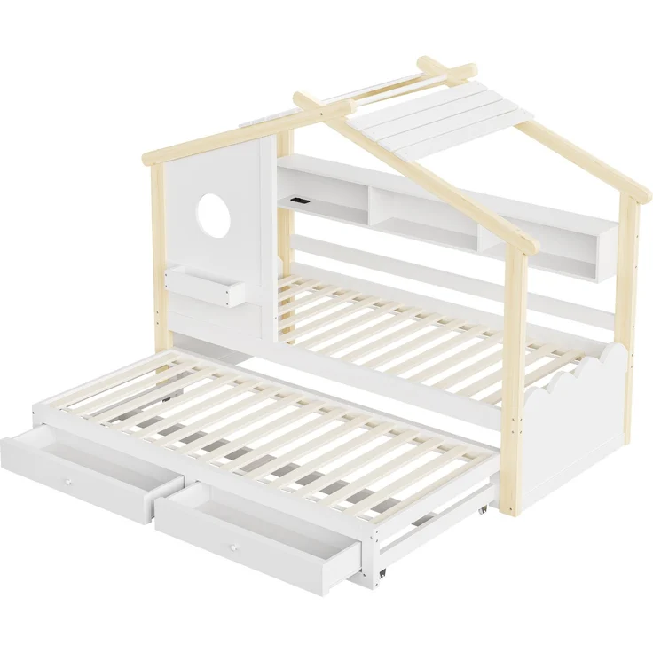 Merax Kinderbett, Jugendbett, 90x200cm, mit Ausziehbett 90x190cm, mit 2 Schubladen, mit USB- und Typ-C-Ladeanschlüssen und LED, mit Einlegeböden, Weiß + Natur – Bild 9