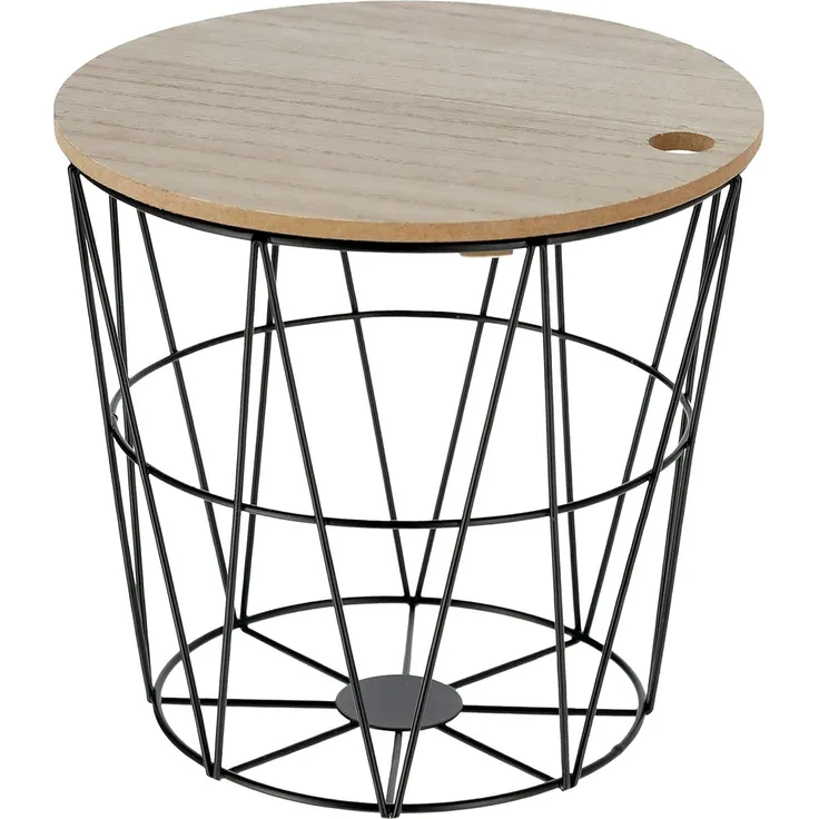 Kleiner Beistelltisch Aufbewahrungskorb Mini Tisch Korb mit Deckel Metall Holz rund schwarz Ø 22 x H 21 cm