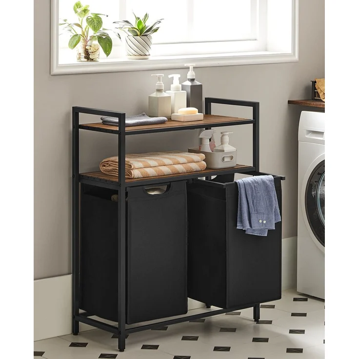 Vasagle Wäschekorb mit 2 Fächer, Metallgestell Vintagebraun/Schwarz, 2x46 L / 73 x 33 x 91 cm – Bild 1