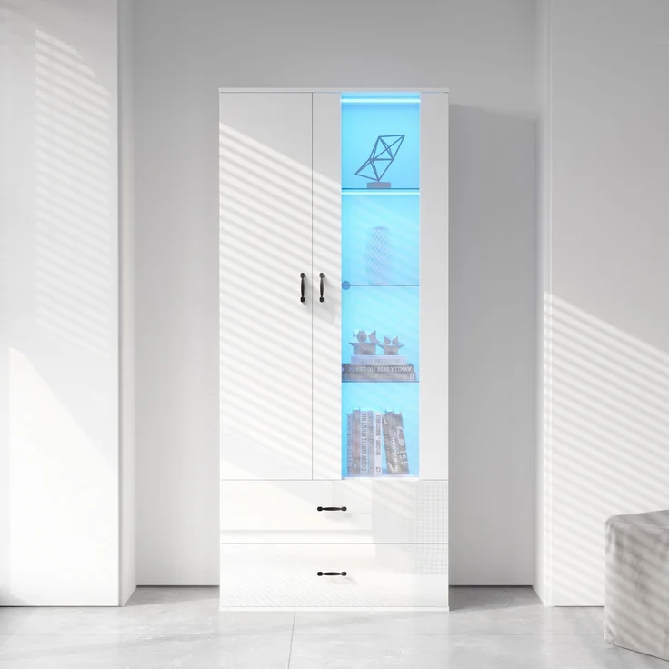 ZUBALIYA Hängeschrank (59,5 x 35 x 182 cm), 2 Türen, LED - Beleuchtung, Stauraum für Wohnbereich, Küche oder Bad entsprechend dem Aufstellort, Weiß – Bild 14