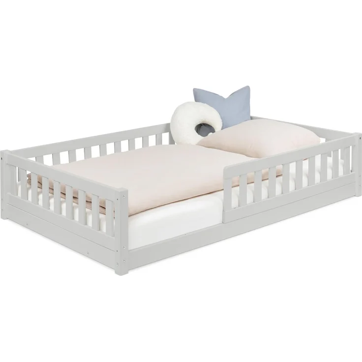 Ehrenkind® Bodenbett 120x200 cm Hellgrau, Montessori Bett mit Rausfallschutz & Rollrost, Kinderbett & Jugendbett aus Massivholz