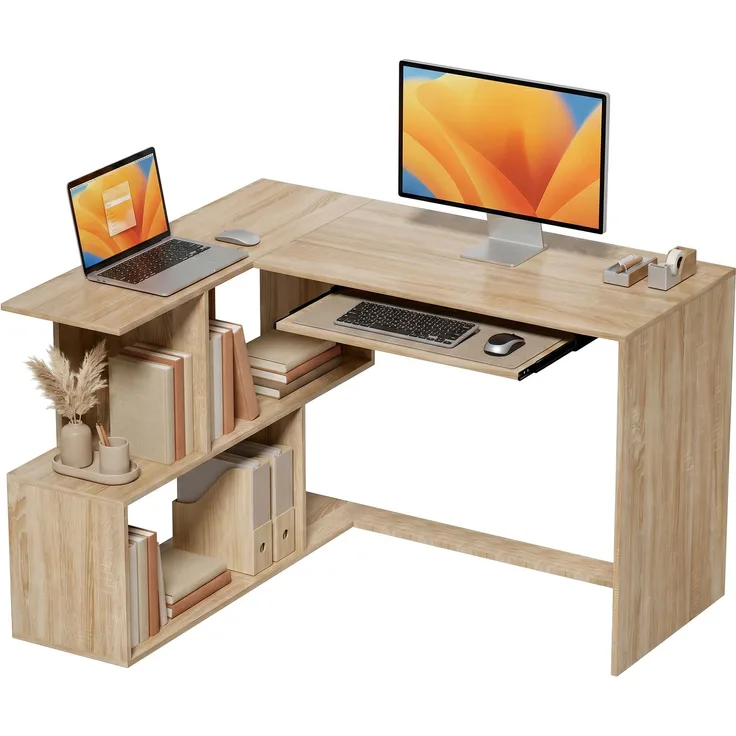 Eckschreibtisch, 120 x 100 x 76 cm, L-förmiger Computertisch mit Tastaturablage, 4 offene Fächer, natur