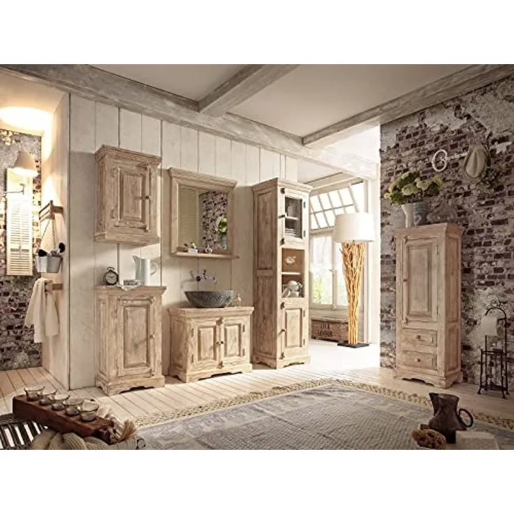 Badset Patina 5tlg Mango Holz massivum Landhausstil rustikal Badezimmermöbel 171x185x40 cm natur Set Badmöbel Badschränke