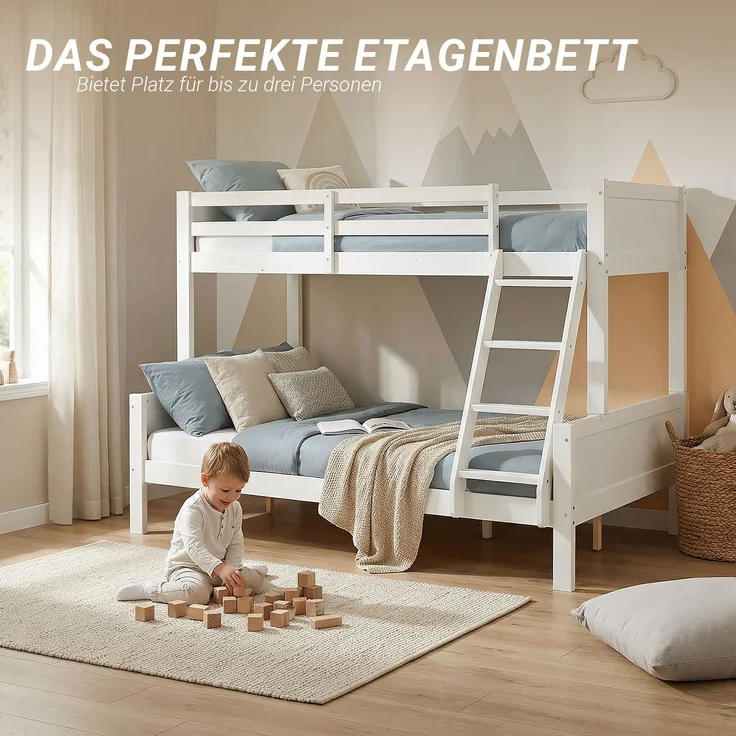 Etagenbett 90x200 und 140x200 mit Matratzen Kinder Jugendbett Hochbett Weiß Holz inklusive Matratzen – Bild 7