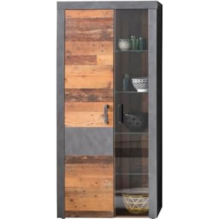 trendteam smart living - Indy - Kommode - Grau/Eiche - Highboard-Schrank mit 2 Türen, 4 Glasböden, 1 Konstruktionsboden und 3 Einlegeböden - (BxHxT) 87 x 189 x 34 cm - antikfarbene Griffe – Bild 2